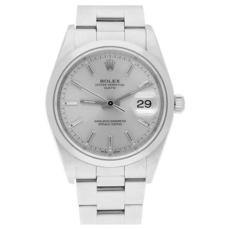 Rolex Date 34mm Stainless Steel Watch Oyster Band Silver